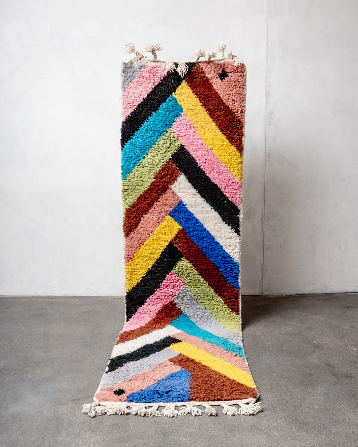 Modern, designer, handcrafted Berber rug from Morocco. Beniourain carpet with beautiful colours and patterns and fluffy wool texture.